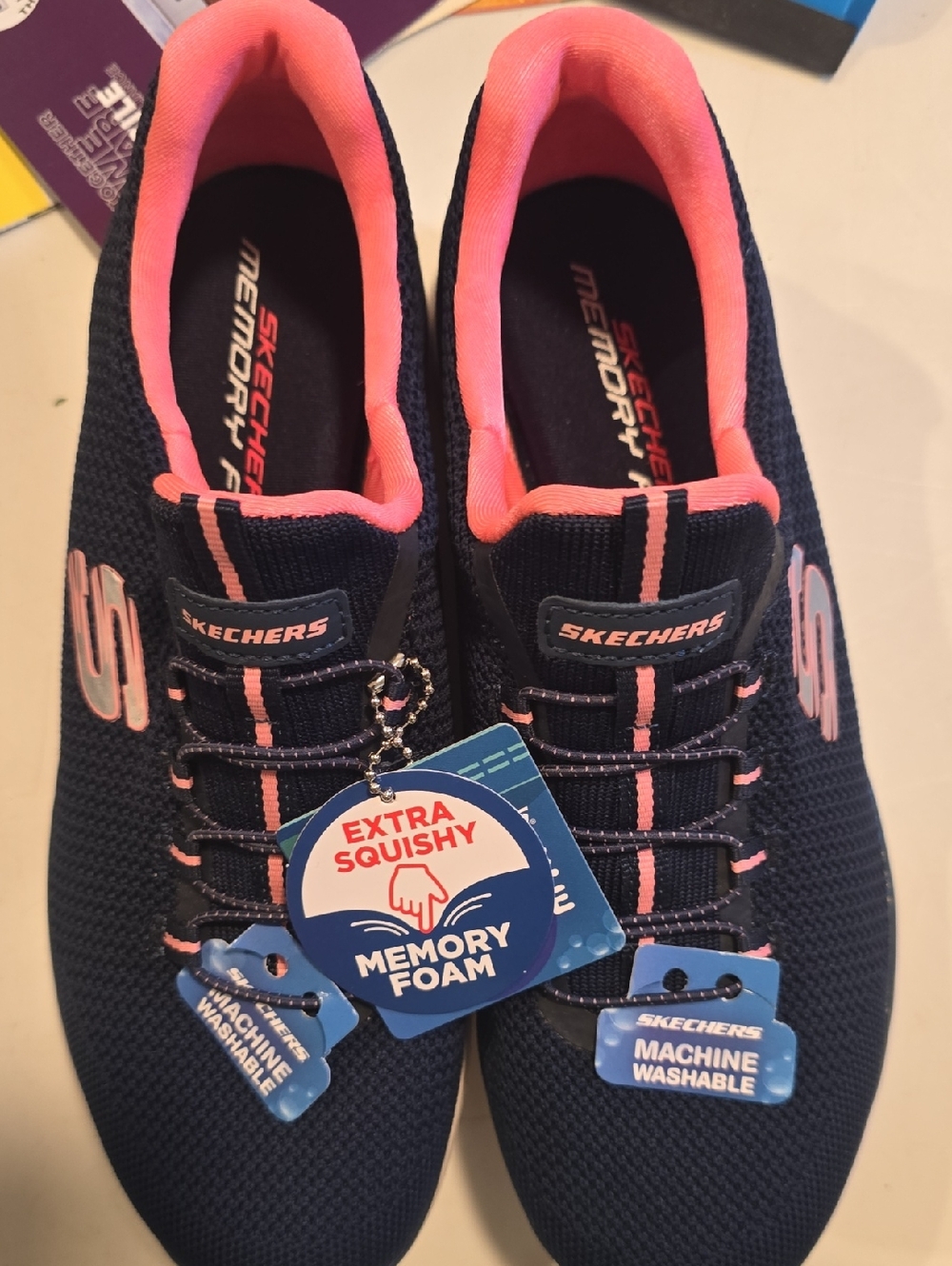 Skechers Navy with Pink Knit Memory Foam Slip-Ons